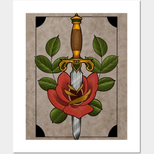 Neotraditional rose and dagger Posters and Art